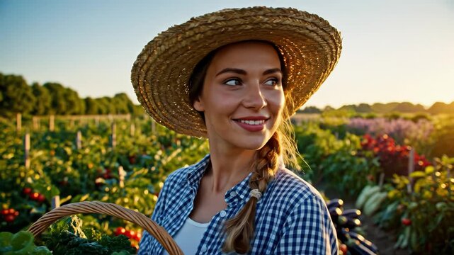 Woman holding basket of fresh vegetables in field