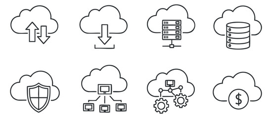 A collection of cloud computing icons including upload, download, server, and security in minimal outline vector style, ideal for tech and digital projects