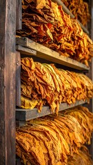 Stacks of Cured Tobacco Leaves on Shelves.