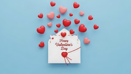 Numerous red and pink hearts floating around a valentines day greeting card with an envelope