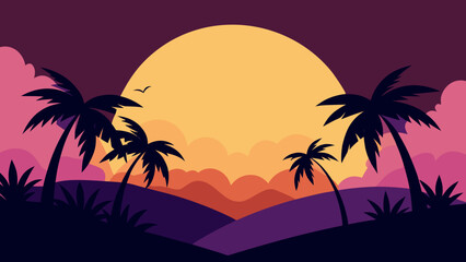 Obraz premium Tropical Sunset Jungle Vector Illustration 