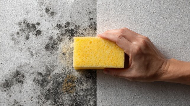 Hand holds sponge cleaning dirt from surface with a contrasting clean side visible