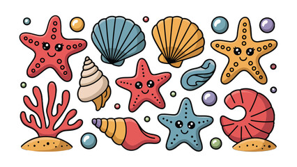 Marine life joyful: charming illustrations of starfish, seashells, and coral. This inviting scene captures the spirit of the sea's beauty
