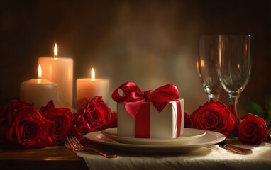 Romantic candlelit table with red roses gift box and elegant dinner setting
