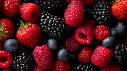 Mixed berries macro background with strawberries raspberries blackberries and blueberries