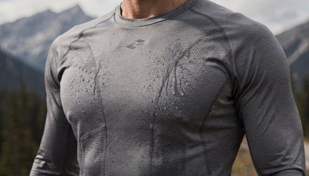 Closeup medium shot of a base layer shirt highlighting hydrophobic zones designed to repel moisture while maintaining breathability for outdoor activities.