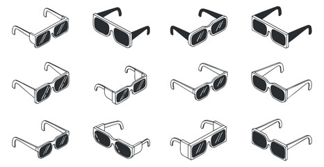 A collection of various sunglasses designs in minimalist black and white vector style, suitable for fashion branding and merchandise