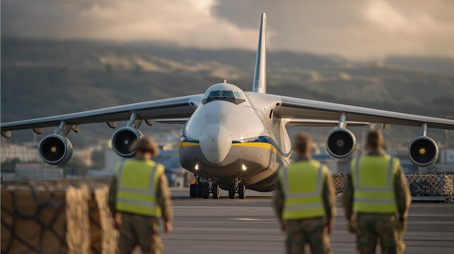 Ground crew staff guiding a large cargo plane during takeoff preparations, expertly managing the runway equipment and communicating through hand signals on a bustling airport tarmac. cinematic