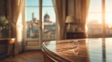 Sunlight shines through a window in a room. A ring sits on a table, with a view of a city skyline in the background.