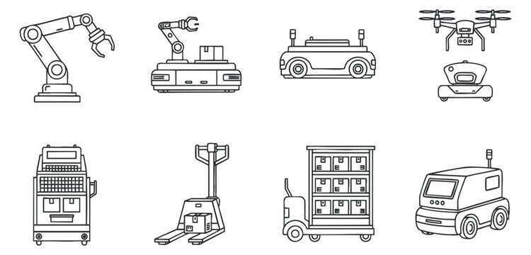 A collection of automation and delivery icons featuring a robotic arm, a drone, a delivery truck, and more in outline vector style, ideal for technology and logistics projects