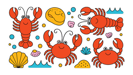 Ocean's Cartoon Animals: A vibrant underwater scene, populated with charming cartoon lobster, crabs, and seashells. It exudes a whimsical feel.