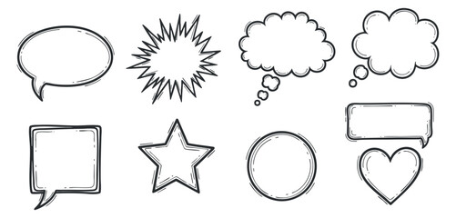 Fototapeta premium A collection of speech bubbles, stars, and thought clouds in black and white outline vector style, ideal for graphic design and communication projects