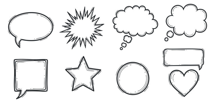 A collection of speech bubbles, stars, and thought clouds in black and white outline vector style, ideal for graphic design and communication projects
