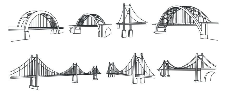 A collection of various bridge designs in black and white outline vector style, suitable for architectural projects and urban planning