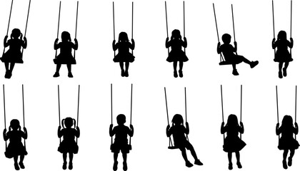 Silhouettes of children sitting on swings in playful poses, symbolizing childhood joy, outdoor activity, movement, freedom, and innocence in vector art style.