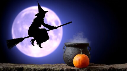 Silhouette of a witch flying on a broomstick across a full moon with a cauldron and pumpkin
