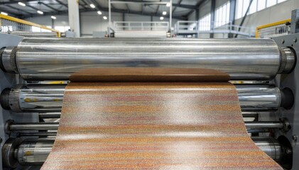 Medium shot of glossy calendering rollers polishing fabric to a high shine enhancing smooth texture and vibrant appearance in a modern textile factory setting.
