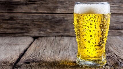A glass of refreshing beer with frothy head on a rustic wooden table surface