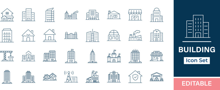 Building editable line icons pack. House, apartment, office, school, college, university, hospital, clinic, hotel, hostel, library, bank, mall, market and more icons.