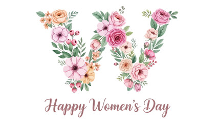 Floral letter w happy women's day greeting with pink flowers and green leaves on white background