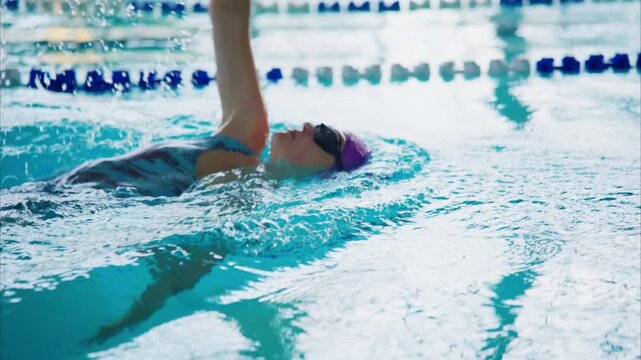 A determined swimmer executing a smooth backstroke in a shimmering pool, showcasing skill and perseverance through each stroke amidst the water's splashes.