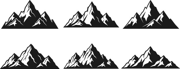 Stylized black and white silhouettes of mountain ranges with sharp peaks and snow highlights, ideal for nature themes, outdoor branding, and adventure design.