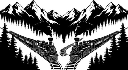 Vintage steam trains traveling through dramatic mountain landscape with pine forest silhouette, railway journey concept, classic transportation illustration, adventure travel theme,  © Goutom