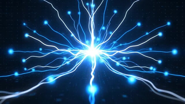 Electric blue neural network sparks illuminate a bright core signaling advanced technology and connectivity.