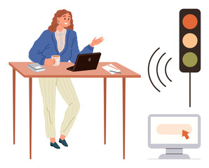 Remote work, communication, technology integration, digital signal interpretation, internet usage, multitasking. Woman at desk with laptop, coffee traffic light and wireless. Remote work
