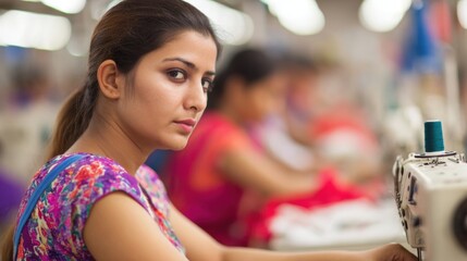 A woman focuses on her work at a sewing machine in a busy textile factory during the day. Other workers are seen in the background.