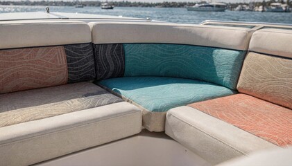 Patterned marine upholstery textiles showing vibrant moldresistant surfaces for comfortable and stylish boat seating in coastal environments.