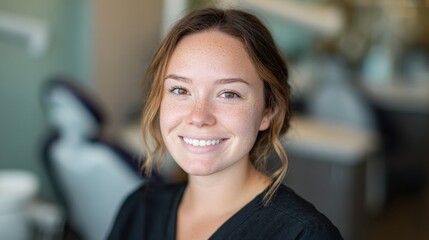 A dental assistant smiles while working in a clinic. Other dental tools and equipment are visible in the background.