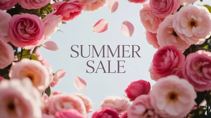 Beautiful soft pink roses framing a summer sale announcement with delicate petals falling