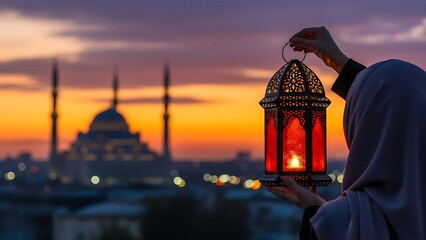 A person holding a beautiful traditional ramadan lantern at sunset with a mosque in the background