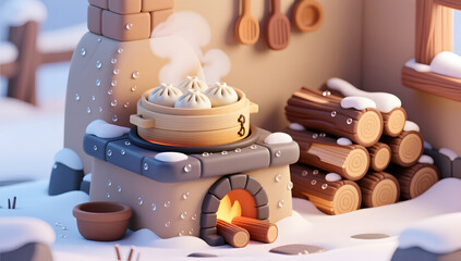 Steaming buns on a winter stove in soft 3D style