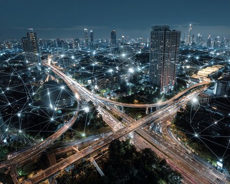A smart city infrastructure powered by AI showcases advanced technology interconnecting urban elements for efficient living.