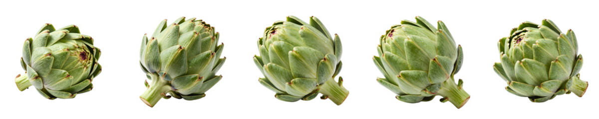Fototapeta premium A row of fresh artichokes displays their vibrant green color and intricate textures, perfect for food styling and promoting healthy culinary choices