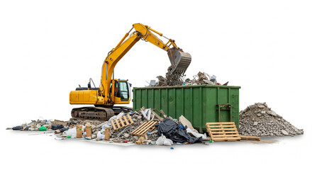 Heavy equipment cleans a construction site from garbage, waste in a large container, isolated on a white background