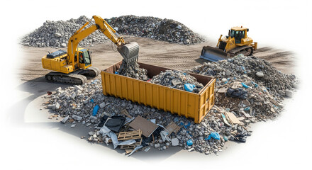 Heavy equipment cleans a construction site from garbage, waste in a large container, isolated on a white background