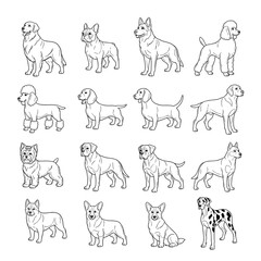 Fototapeta premium Collection of Various Dog Breeds Line Art Illustration Set for Pet-Themed Designs
