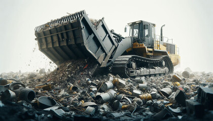 Heavy equipment cleans a construction site from garbage, waste in a large container, isolated on a white background