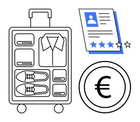 Open suitcase with organized clothing and shoes, document with user profile and star ratings, Euro sign. Ideal for career migration, global tourism, recruitment, skills rating, relocation expense