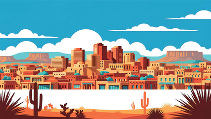 Flat vector illustration of a Santa Fe-style cityscape with adobe-inspired low-rise buildings, desert vegetation and cultural southwest atmosphere in solid flat colors © meeblues