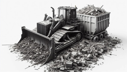 Heavy equipment cleans a construction site from garbage, waste in a large container, isolated on a white background