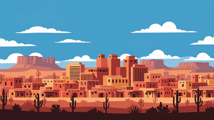 Flat vector illustration of a Santa Fe-style cityscape with adobe-inspired low-rise buildings, desert vegetation and cultural southwest atmosphere in solid flat colors © meeblues