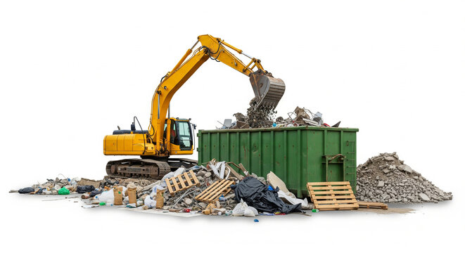 Heavy equipment cleans a construction site from garbage, waste in a large container, isolated on a white background - Powered by Adobe