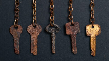 Five old and rusty keys sit on a dark surface. They are connected by a chain and show signs of wear.