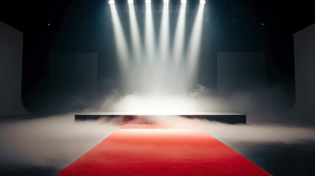A red carpet leading to a stage lit with spotlights for the concept of event.