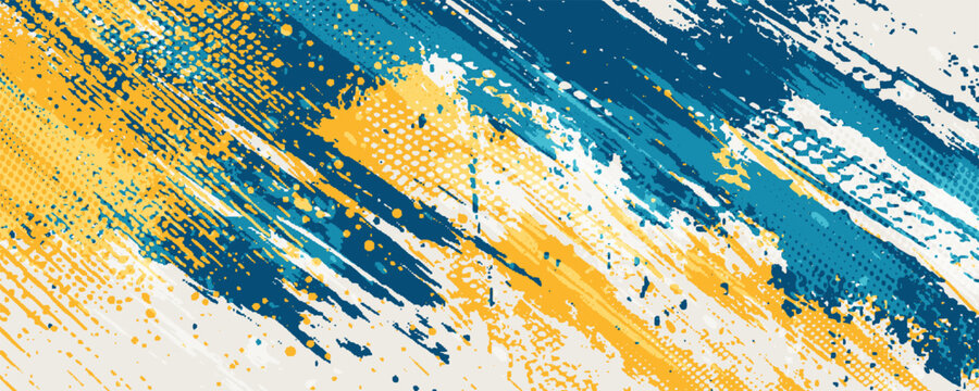 Abstract Sports Background with Dark Blue and Yellow Gradient Brushstrokes and Halftone Effect. Vector Illustration. Eps10