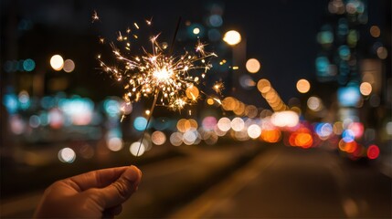 Night-time sparkler scene with warm glow and colorful urban bokeh